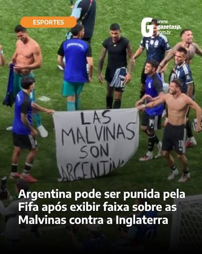 A Sele&ccedil;&atilde;o da Argentina pode enfrentar puni&ccedil;&otilde;es disciplinares da Fifa ap&oacute;s os jogadores exibirem uma faixa em apoio &agrave; reivindica&ccedil;&atilde;o do pa&iacute;s sobre as ilhas Malvinas. O caso aconteceu na &uacute;ltima quarta-feira (
