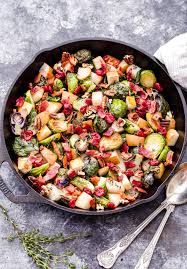 Photo by chelsie craig, food styling by kate buckens. Roasted Brussels Sprouts With Pears Bacon And Cranberries Recipe Runner