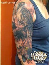 Wolf And Eagle 3 4 Sleeve Hidden Hand Tattoo Seattle Wa Tattoos Sleeve Tattoos Indian Tattoo