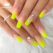 This long, tapered shape with a flat top — a.k.a. Yellow Coffin Acrylic Nails With Rhinestones Beautifulacrylicnails Nails Design With Rhinestones Rhinestone Nails Yellow Nails