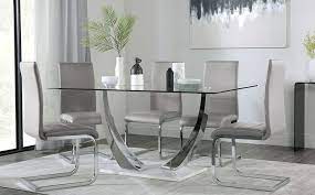 Peake Glass And Chrome Dining Table White Gloss Base With 6 Perth Light Grey Leather Chairs Furniture Chrome Dining Table Grey Leather Chair Leather Chair