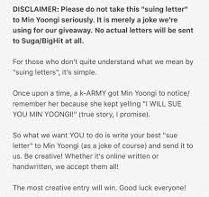 Check spelling or type a new query. Suga Updates No Twitter Faq Regarding Suing Letter And Disclaimer