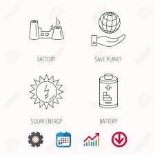 Save Planet Factory And Battery Icons Solar Energy Linear Sign