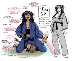 Rule 34 Dev - 1boy 1girl assertive_female black_hair breasts brown_hair  cleavage dougi english_text femdom highres holding_anothers_wrist  judo kusujinn large_breasts martial_arts_belt open_clothes open_mouth  original pinned smug sports_bra ...