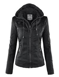 Mbj Womens Faux Leather Motorcycle Jacket With Hoodie At Amazon Women S Coats Shop Leather Jackets Women Leather Jacket With Hood Vegan Leather Jacket