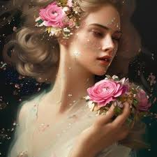 elf, copper skin, frekles, flower crown, long wavy...