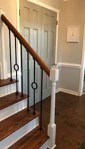 Easy Updated Stair Rail With Iron And Crystal Ball Newel Post Stairs Stair Railing Staircase