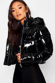 Petite Hooded Crop High Shine Coat Boohoo Uk Black Puffer Coat Bubble Jacket Outfit Shiny Jacket