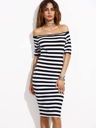 Shop Two Tone Striped Bardot Pencil Dress Online Shein Offers Two Tone Striped Bardo Striped Bodycon Midi Dress Black White Striped Dress Bodycon Dress Casual