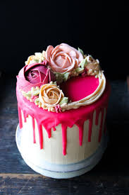 Tall Pink Ombre Drip Cake With Swiss Meringue Buttercream Flowers And Hot Pink Chocolate Ganache Drip Cakes Cake Cupcake Cakes