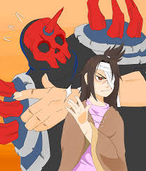 indioweeaboo, buddy (lisa), rando (lisa), lisa (series), lisa the joyful,  lisa the painful, absurdres, highres, self-upload, 1girl, bandage over one  eye, brown eyes, brown hair, frown, horns, mask, orange background, poncho,  scar,