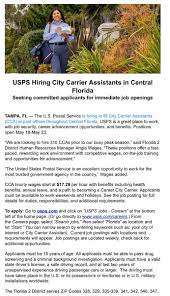 What is a city carrier assistant. Greg Angel On Twitter Hiring U S Postal Service Says It S Hiring 310 City Carrier Assistants Across Central Florida And More Statewide Hourly Pay Starts At 17 29 Benefits Https T Co Ukovkvh8hv