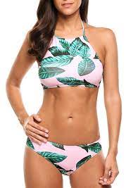 Leaf Printed Bikini Halter High Neck Bathing Suits 2 Piece Swimwear S Xxl Pink C5189z8q98c High Neck Bathing Suits Halter Bikini Set Bikinis
