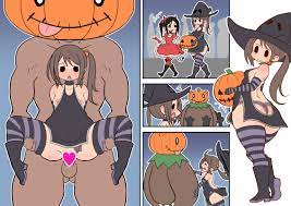 sueyuu, 1boy, 2girls, ass, breasts, brown hair, censored, comic, costume,  dark-skinned male, dark skin, hair ornament, halloween, hat, heart, heart  censor, hetero, multiple girls, nipples, ponytail, pumpkin, pumpkin hat,  reverse suspended congress,