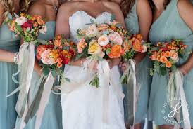 Sage Ish Blue Bridesmaid Dresses Orange Rust And Peach Flowers Wedding Bridesmaids Dresses Blue Wedding Colors Blue Orange Bridesmaid Dresses