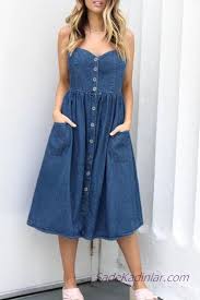 2019 Onden Dugmeli Elbise Modelleri Lacivert Kot Midi Askili Cepli Kiyafet Kombinleri The Dress Elbise Modelleri Elbise