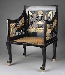 Egyptian interior style is one of expressive and dramatic home decorating styles that add antique chair of princess sitamun; Artistic Aesthetics Inspirations Black And Golden Egyptian Armchair Egyptian Home Decor Egyptian Furniture Ancient Egyptian Furniture