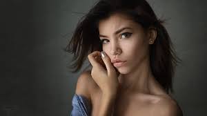 necks, long hair, women, brunette, face, simple background, model, Sergey  Fat, eyes, HD Wallpaper