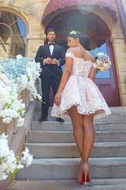 E Jue Shung бяла розова подплата дантелени апликации къса булчинска рокля с  открити рамене къса шаферски рокли, сватбени рокли Разпродажба! ~ Сватби и  събития - Evtini-Prodikti.cam