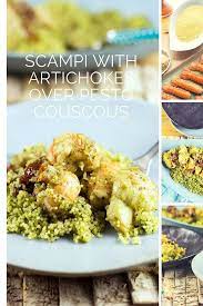 Scampi With Artichokes Over Pesto Couscous Recipe Entree Recipes Couscous Seafood Recipes