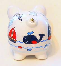 Vintage kool kidz blue piggy bank small cool, awesome, sweet 3x5x3 1/2. Personalized Piggy Bank Navy Blue Whales With Sailboats Fish And Ocean Personalized Piggy Bank Piggy Bank Piggy