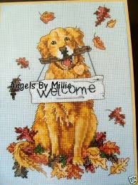 49 yellow labrador retriever dogs counted cross stitch pattern by crosstitch.com to download and print online. Dimensions Welcome Dog Golden Retriever Autumn Sunset Cross Stitch Pattern 6765 Cross Stitch Animals Cross Stitch Cross Stitch Fonts