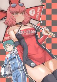 iwasaki masakazu, haman karn, kamille bidan, arasa ol haman-sama, gundam,  highres, official art, 1boy, 1girl, bare shoulders, blue bodysuit, blue  eyes, blue hair, blush, bodysuit, breasts, dress, gloves, helmet, holding,  holding helmet,