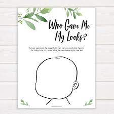 Baby Looks Game Printable Baby Shower Games Who Gave Me My Looks Botanical Baby Shower Games Fun Baby Shower Games Baby Looks Game Gl2 Baby Shower Printables Fun Baby Shower Games