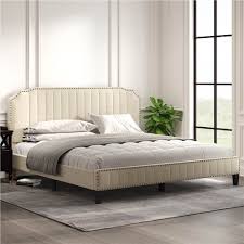 Sha cerlin king size platform bed frame with headboard and wood slats, fabric upholstered mattress foundation with metal legs, no box spring needed, black. King Size Solid Wooden Upholstered Bed Frame Cream