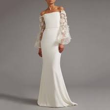 Elegant Boat Neck Bishop Sleeve Pure Colour Evening Dress Bridal Dresses Necklines For Dresses Wedding Dress Necklines