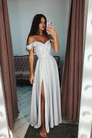 A Line Off The Shoulder Grey Long Prom Evening Dress With Side Split Pg965 Promdresses Split E Dresses Formal Elegant Elegant Prom Dresses Prom Dresses Long
