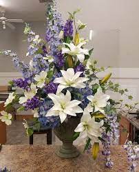 Summer Church Arrangement Filled With Blue Delphinium And Hydrang White Flower Arrangements Modern Flower Arrangements Spring Flower Arrangements Centerpieces