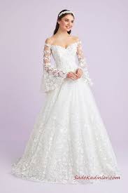 2019 Oleg Cassini Gelinlik Modelleri Beyaz Omzu Acik Uzun Kollu A Kesim Dantel Islemeli The Dress Gelinlik Nedime Giysileri