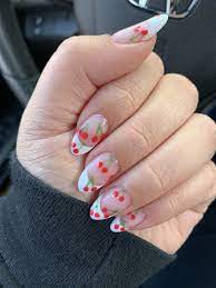 For these darling gyaru nails, paint your nails bright pink. French Tip Cherry Gel Nails In 2021 Almond Nails French French Tip Acrylic Nails Cherry Nails