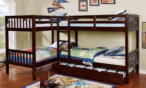 L Shaped Quadruple Wood Twin Bunk Bed In Dark Walnut Bunk Bed With Trundle Twin Bunk Beds Wood Bunk Beds