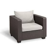 Quality home, hearth, yard & garden products trusted since 1980! 236842 Keter Salta All Weather Outdoor Patio Armchair With Sunbrella Cushions In A Resin Plastic Wicker Pattern Rich Brown
