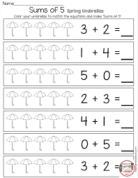 Sums Of 5 Math Worksheets For Kindergarten Free Printables For April In Mat Free Kindergarten Printables Kindergarten Math Worksheets Kindergarten Worksheets