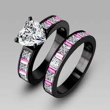 White Heart Cubic Zirconia Black Engagement Ring Wedding Ring Set For Women Black Engagement Ring Black Wedding Rings Wedding Ring Sets