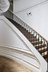 Staircase American Oak Continuous Rail Curved Stair Traditional Posts Herringbone Pattern Staircase Design Wrought Iron Stairs Iron Stair Railing