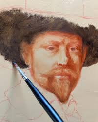 I don't think I posted progression stills of this Rembrandt study from  class, so here are a few shots. I don't know how long it took Rembrandt to  paint his portraits, but