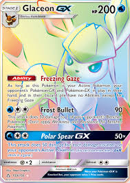 The coldness emanating from glaceon causes powdery snow to form, making it quite a popular pokémon at ski resorts. Glaceon Gx Ultra Prism Upr 159 Pkmncards Pokemon Trading Card Pokemon Cards Pokemon Trading Card Game