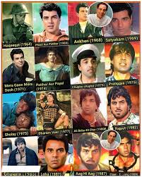 The image is a collage of veteran Indian actor Dharmendra, showcasing his roles in various films from 1964 to 1989. Dharmendra is a well-known Indian actor, producer, and politician who is often