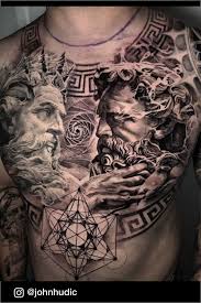 Black And Grey Chest Tattoo Men Realistic Black And Grey Zeus Chest Tattoo Made By John Hudic Tattoo Artist Based In Nice France In 2020 Zeus Tattoo Poseidon Tattoo Chest Tattoo Men