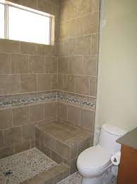 Shower Stall Without Door With Border Tile And Chair For Simple Bathroom Showers Shower St Small Bathroom Small Bathroom With Shower Basement Bathroom Design
