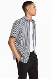 Black And White Striped Shorts Outfit Men Short Sleeve Shirt Regular Fit Dark Blue White Striped Men H M Us Outfits With Striped Shirts Striped Shirt Men Mens Shirt Dress