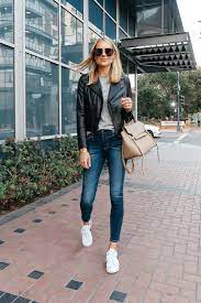 Blonde Woman Wearing Nordstrom Anniversray Sale Black Leather Jacket Grey Tshirt Denim Skinny Jeans Black Leather Jacket Outfit Fashion Jackson Tshirt Outfits