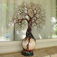 Wire Tree Of Life Ancient Grove Spirits Sculpture Harvest Moon Selenite Sphere Gemstones Lamp Original Art Lp10 Tree Sculpture Wire Tree Sculpture Tree Art