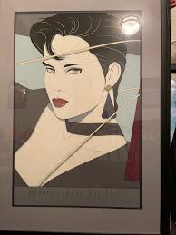 Patrick Nagel Serigraph NC11 Woman With Black Hair. Grey Top & Neckband.