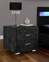 Gray end & side tables. Two Drawer Bedside Table In Black Velvet Fabric Modish Furnishing