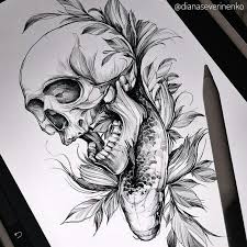Skull And Koi Skull Tattoos Skull Tattoo Design Tattoo Drawings